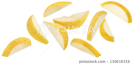 Falling yellow pear slices isolated on white background with clipping path, full depth of field 130616358