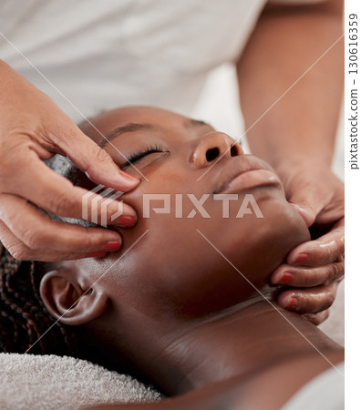 Black woman face, massage and spa wellness therapist with young female and cosmetic facial. Skincare, beauty and dermatology clinic with client feeling calm and zen from hyaluronic acid serum Black woman face, massage and spa wellness therapist with young female and cosmetic facial. Skincare, beauty and dermatology clinic with client feeling calm and zen from hyaluronic acid serum 130616359