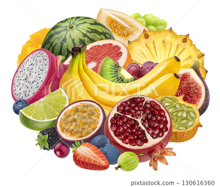 Colorful assorted fruits isolated on white background with clipping path, full depth of field Colorful assorted fruits isolated on white background with clipping path, full depth of field 130616360