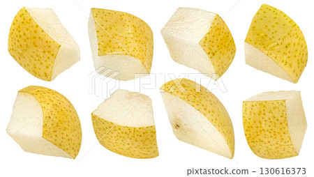 Yellow pear slices isolated on white background with clipping path, full depth of field 130616373