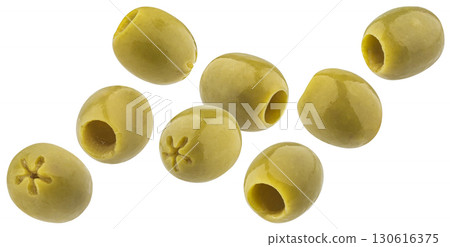Green pitted olives isolated on white background with clipping path, copy space, full depth of field 130616375