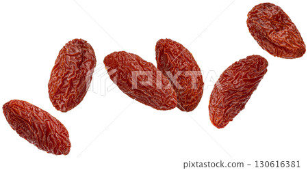 Falling dried goji berries isolated on white background, full depth of field 130616381