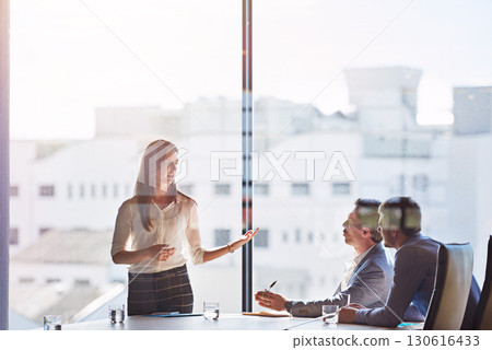 Leadership, meeting and manager woman in seminar discussion of gender equality, inclusion and empowerment, Corporate boardroom and professional hr person, people or employees with executive speaking 130616433