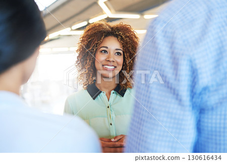 Talking, discussion and happy business people in a meeting for planning, strategy and collaboration. Smile, teamwork and black woman in conversation with employees about an idea, plan or partnership Talking, discussion and happy business people in a meeting for planning, strategy and collaboration. Smile, teamwork and black woman in conversation with employees about an idea, plan or partnership 130616434