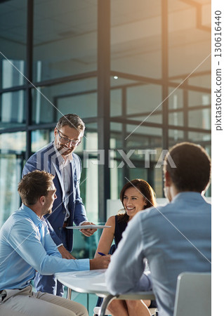 Leadership, manager and mature man with team meeting, planning and happy management in corporate business. Success, teamwork and communication of people, employees or staff executive in collaboration 130616440