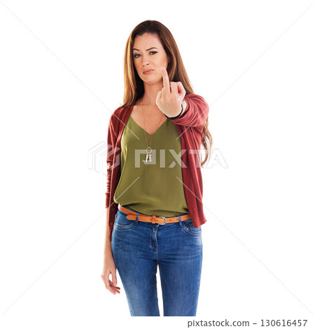 Woman, angry and studio portrait with middle finger, stress and rude hand sign by white background. Isolated model, anger and frustrated expression with hand gesture, symbol or icon for upset emotion 130616457