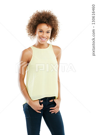 Portrait, casual and black woman in studio, happy and confident against a white background space. Woman, relax and standing on mockup, cheerful and smile, carefree and young while posing isolated 130616460