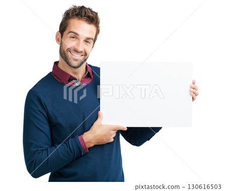 Portrait, blank board or business man with mockup space for product advertising, marketing or branding poster in studio. Model, smile or male with news banner, billboard or logo in white background 130616503