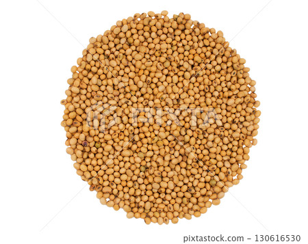 Top view of raw soybeans arranged in a round pile, isolated on white background. Perfect for illustrating organic food ingredients 130616530
