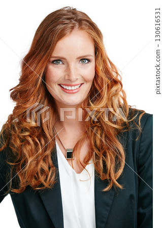 Woman, happy and ceo success portrait for business motivation, positive mindset and happiness isolated in white background. Corporate ginger female, happy entrepreneur and leadership vision in studio 130616531