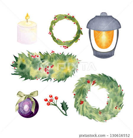Wreaths, lantern, candle, holly, and bauble, watercolor Christmas set isolated on white. Perfect for holiday cards, invitations, posters, scrapbooking, wrapping paper, festive digital seasonal design Wreaths, lantern, candle, holly, and bauble, watercolor Christmas set isolated on white. Perfect for holiday cards, invitations, posters, scrapbooking, wrapping paper, festive digital seasonal design 130616552
