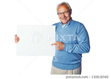 Poster mockup, portrait or elderly man point at marketing placard, advertising banner or product placement. Studio mock up, billboard promotion sign or happy sales model isolated on white background 130616560