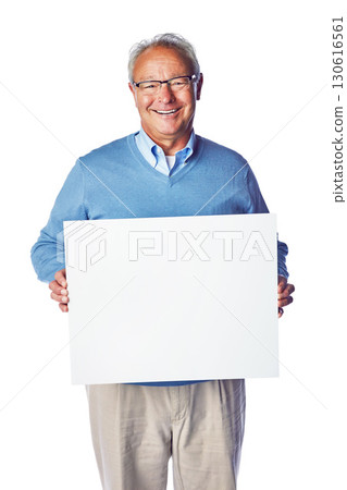 Poster, portrait mockup and senior man with marketing placard, advertising banner or product placement. Studio mock up, billboard promotion sign and happy sales model isolated on white background 130616561