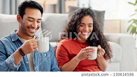 Relax, sofa and couple in home with coffee for bonding, connection and relationship on weekend. Dating, apartment and man with woman with drink, beverage and rest for love, conversation and romance Relax, sofa and couple in home with coffee for bonding, connection and relationship on weekend. Dating, apartment and man with woman with drink, beverage and rest for love, conversation and romance 130616586
