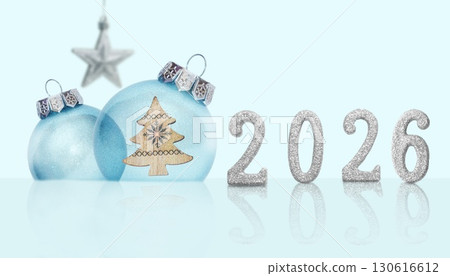 Christmas and New Year blue background with transparent balls and silver star Christmas and New Year blue background with transparent balls and silver star 130616612