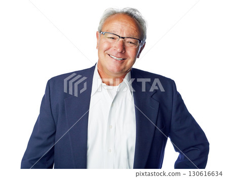 Senior, smile and portrait of a man in retirement feeling happy about work lifestyle. White background, studio and isolated elderly male employee retired and smiling with glasses and happiness 130616634