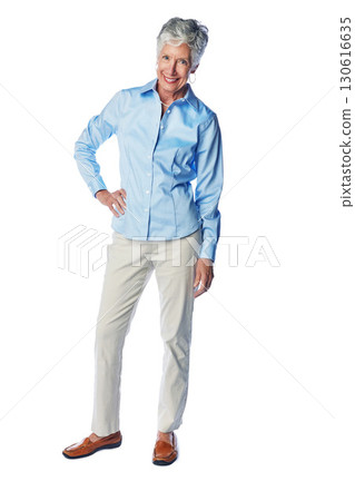 Senior woman, relax and portrait in studio, smile and confident while posing on a white background. Elderly, model and lady enjoy retirement, proud and satisfied with retired lifestyle while isolated 130616635