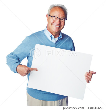 Mockup portrait, placard or old man pointing at marketing poster, advertising banner or product placement. Studio mock up, billboard promotion sign or happy sales model isolated on white background 130616653