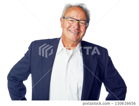Happy, senior and portrait of businessman in studio with smile for optimistic career mindset of people. Mature corporate person smiling with confidence and happiness on isolated white background. 130616656