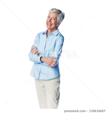 Senior woman, relax and portrait in studio, smile and happy while posing on a white background. Elderly, model and lady enjoy retirement, proud and satisfied with retired lifestyle while isolated 130616687