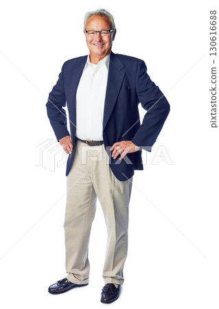 Senior, corporate and worker full body portrait with confident, proud and happy business pose. Mature, professional and elderly boss man with smile standing at isolated white background. Senior, corporate and worker full body portrait with confident, proud and happy business pose. Mature, professional and elderly boss man with smile standing at isolated white background. 130616688