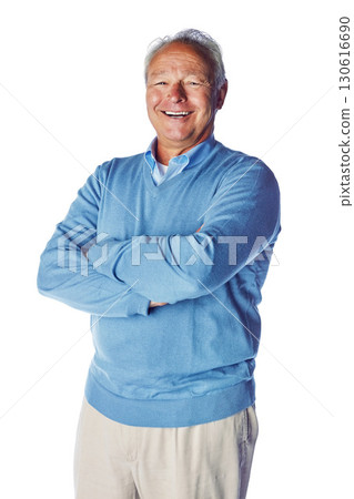 Happy, smile and portrait of senior man laughing in studio, relax and proud while standing on white background. Confident, chill and retirement by elderly male content, joy and satisfied or isolated 130616690