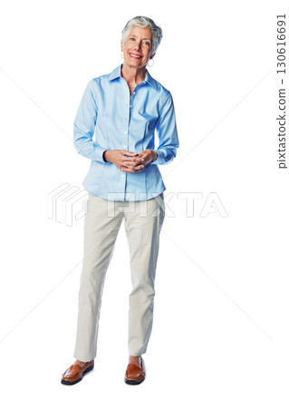 Senior, woman and portrait in studio, relax and happy, smile and cheerful on white background. Elderly, model and lady enjoy retirement, proud and satisfied with retired lifestyle while isolated 130616691