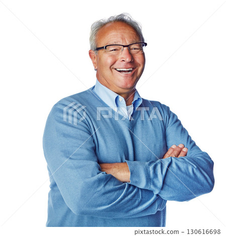 Portrait, happy and senior man laughing in studio, relax and proud against white background. Face, smile and retired male having fun, cheerful and funny while posing, excited and content or isolated Portrait, happy and senior man laughing in studio, relax and proud against white background. Face, smile and retired male having fun, cheerful and funny while posing, excited and content or isolated 130616698
