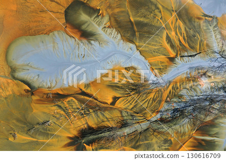 Aerial view of copper mining residuals in decanting lake 130616709