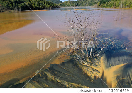 Aerial view of copper mining residuals in decanting lake Aerial view of copper mining residuals in decanting lake 130616719