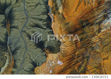 Aerial view of copper mining residuals in decanting lake 130616721