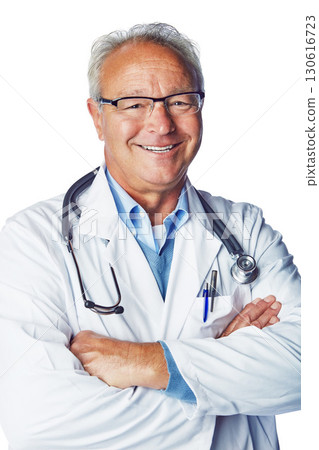 Doctor, portrait and senior man in studio for healthcare, goals and proud on white background space. Face, health and mature expert happy, smile and excited about innovation and help while isolated 130616723