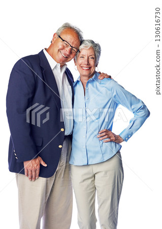 Love, smile and portrait of senior couple hugging in studio, isolated on white background. Retirement, happy and healthy relationship, romance for elderly man with woman together in formal clothes. Love, smile and portrait of senior couple hugging in studio, isolated on white background. Retirement, happy and healthy relationship, romance for elderly man with woman together in formal clothes. 130616730