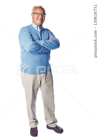Elderly man, smile in portrait with retirement, life insurance and glasses, mockup isolated on white background. Pensioner, happy old man and positive mindset, vitality and senior with arms crossed 130616731
