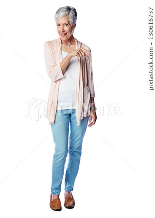 Senior woman, full body portrait and pointing finger, standing isolated in white background for advertising or marketing mockup. Elderly female, smile and point hand for brand or product placement 130616737