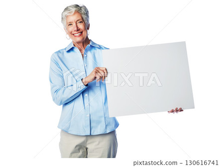 Poster mockup, smile and portrait senior woman with marketing placard, advertising banner or product placement. Studio mock up, billboard promotion sign and sales model isolated on white background Poster mockup, smile and portrait senior woman with marketing placard, advertising banner or product placement. Studio mock up, billboard promotion sign and sales model isolated on white background 130616741