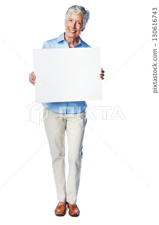 Poster mockup, studio portrait and senior woman with marketing placard, advertising banner or product placement. Mock up, billboard promotion sign and happy sales model isolated on white background 130616743