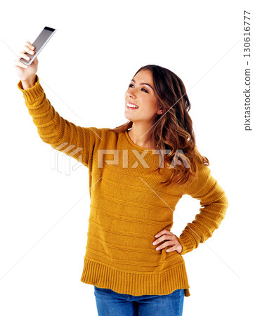Young woman, selfie and smartphone for happiness, confidence and female person isolated on white studio background. Girl, lady and cellphone for pictures, share on social media and digital connection Young woman, selfie and smartphone for happiness, confidence and female person isolated on white studio background. Girl, lady and cellphone for pictures, share on social media and digital connection 130616777