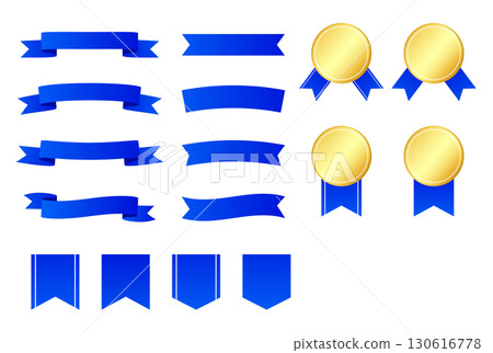 豪華藍絲帶和獎牌向量插圖集 130616778