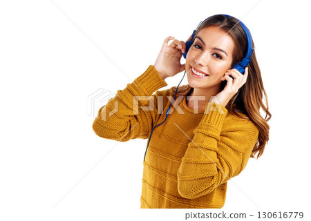 Music, portrait and woman with headphones in studio for dance, audio and fun on white background. Radio, earphones and face of girl, happy and smile for streaming, playlist and track while isolated Music, portrait and woman with headphones in studio for dance, audio and fun on white background. Radio, earphones and face of girl, happy and smile for streaming, playlist and track while isolated 130616779