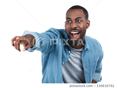 Black man, pointing and studio portrait with excited smile, motivation or vision by white background. Isolated African model, man and hand sign for direction, career goal and future with edgy fashion Black man, pointing and studio portrait with excited smile, motivation or vision by white background. Isolated African model, man and hand sign for direction, career goal and future with edgy fashion 130616782
