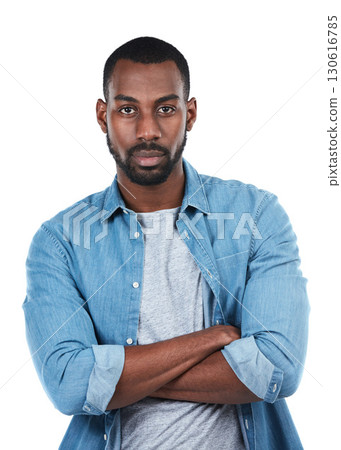 Portrait of black man with confidence, serious and isolated on white background in denim shirt. Casual fashion, trendy startup owner and person in creative space at startup and boss face in studio. Portrait of black man with confidence, serious and isolated on white background in denim shirt. Casual fashion, trendy startup owner and person in creative space at startup and boss face in studio. 130616785