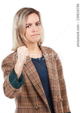 Angry, woman with fist for punch and portrait, fight pose and self defense with conflict isolated on white background. Violence, attack and boxing with power, strong female and fighting with bullying Angry, woman with fist for punch and portrait, fight pose and self defense with conflict isolated on white background. Violence, attack and boxing with power, strong female and fighting with bullying 130616786