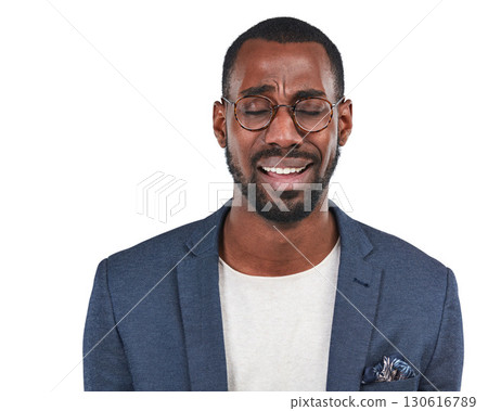 Business, black man and upset for financial crisis, stock market crash and guy isolated on white studio background. African American male, employee and consultant with depression, stress and crying 130616789