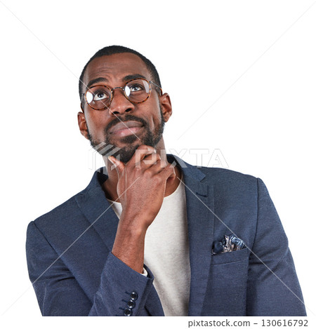 Businessman, thinking or curious facial expression on isolated white background with vision, glasses or innovation. Creative designer, worker or employee with ideas, strategy planning or wondering Businessman, thinking or curious facial expression on isolated white background with vision, glasses or innovation. Creative designer, worker or employee with ideas, strategy planning or wondering 130616792