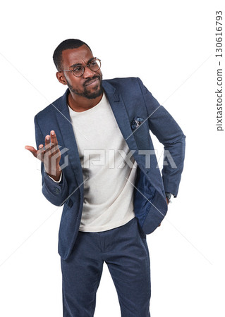 Doubt, confused and mockup with a business black man in studio isolated on a white background asking a question. Thinking, idea and mock up with a young male employee standing on blank space Doubt, confused and mockup with a business black man in studio isolated on a white background asking a question. Thinking, idea and mock up with a young male employee standing on blank space 130616793