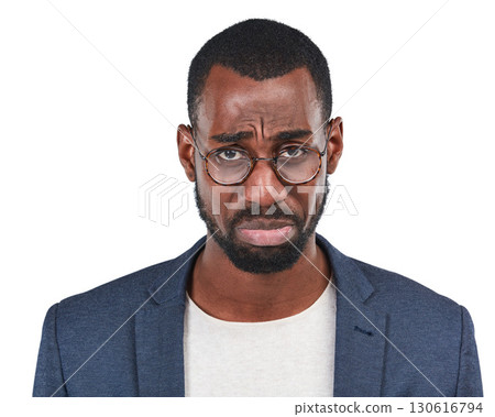 Sad, business man and black worker portrait of depressed face with sadness from work. White background, isolated and professional model person disappointed of corporate job fail or mistake in studio Sad, business man and black worker portrait of depressed face with sadness from work. White background, isolated and professional model person disappointed of corporate job fail or mistake in studio 130616794