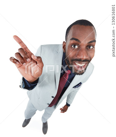 High angle, portrait or worker pointing finger on isolated white background, marketing space or advertising mockup. Smile, happy or corporate businessman in creative pov, mock up or show hand gesture 130616801