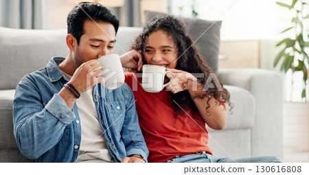 Relax, happy and couple with coffee in home for bonding, connection and relationship on weekend. Dating, apartment and man with woman with drink, beverage and rest for love, conversation and romance 130616808