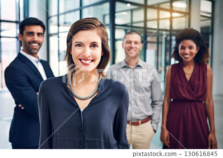 Business woman, team leader and management portrait in office with motivation for growth. Face of corporate men and women together for diversity, vision and support for leadership in happy workplace Business woman, team leader and management portrait in office with motivation for growth. Face of corporate men and women together for diversity, vision and support for leadership in happy workplace 130616845